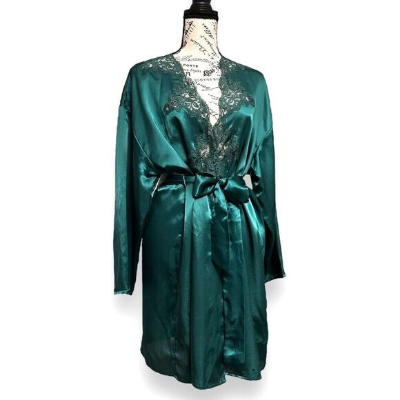 Victoria’s Secret OS Satin Kimono Robe Emerald Green Lace Trim Gold Label VTG - Picture 3 of 14